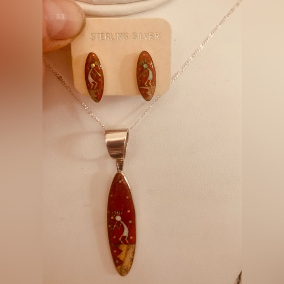 Coral & Multi Gemstone Kokopelli Earrings and Pendant on 24" adjustable SS Chain - Picture 11 of 14